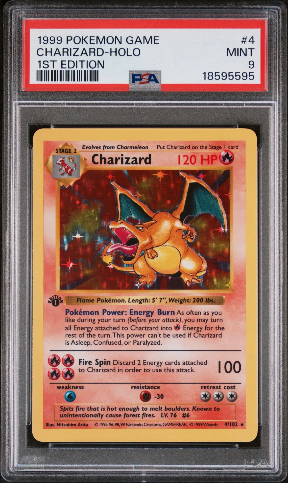 PSA front scan of a 1999 first-edition Charizard holo slab, graded Mint 9, certification 18595595